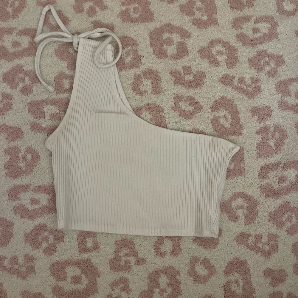 Beige Ribbed One-Shoulder Crop Top